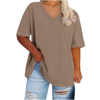 Generic Oversized T Shirts for Women UK Plain Short Sleeve Plus Size Tops Summer Solid Color Tunic Tops Casual Baggy Cotton Tshirts Loose V Neck Tee Shirts La