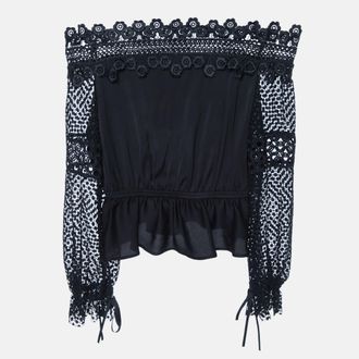 Self Portrait Black Crepe & Lace Off-Shoulder Top