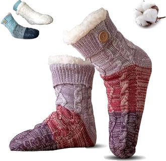 Generic Knitted Ultra-Thick Slipper Home Socks, Tri-color Knit Patchwork Non-Slip Warm Winter Socks, Cozy Fuzzy Lined for Men Women (2, Purple)