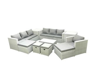 Fimous 10 Pieces Rattan Garden Furniture Set Outdoor Garden Sofa Chair Coffee Table Set with 2 Side Tables 4 Footstools Light Grey Mixed