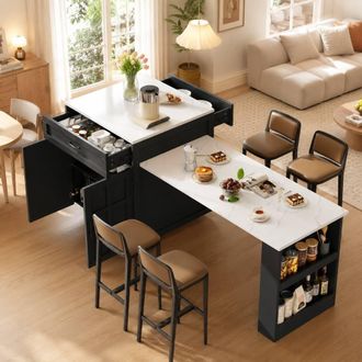 Merax Extendable Kitchen Island with Pull-Out Dining Table Dual-Side Drawers in Black
