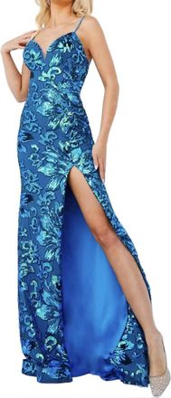 Jovani Spaghetti Strap Sequin Embellished Gown In Blue