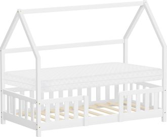 ML Design Ml-design Cama Infantil 80x160cm Blanco, Con Colch&oacute;n, Protecci&oacute;n Antica&iacute;da, Techo Y Somier, Listones De Madera De Maciza De Pino Lecho Montessori Form