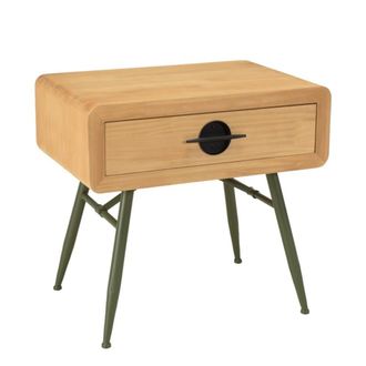 Macabane Mesita de noche 1 caj&oacute;n de pino color natural y patas de metal verde