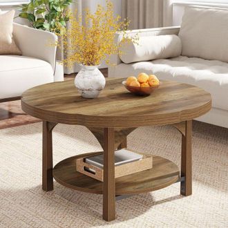 Tribesigns Tribesigns Round Coffee Table, 32 Farmhouse 2-Tier Circle Coffee Table with Storage Shelves, Modern Wooden Accent Center Table Sofa Side Table for