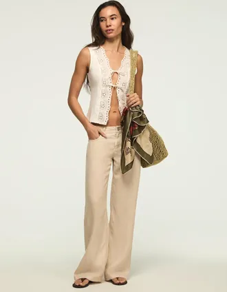 Lucky Brand Womens Baggy Linen Wide Leg Pant
