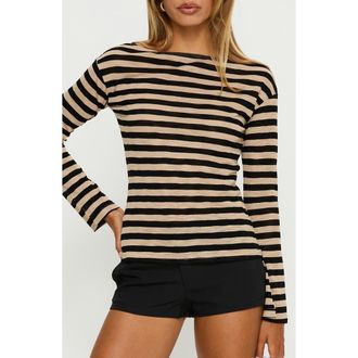 Princess Polly So Composed Boat Neck Knit Top in Latte Stripe at Nordstrom, Size 12
