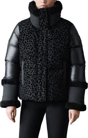 Mackage Lydana Leopard Pattern Down Jacket with Genuine Shearling Trim and Removable Bib in Black-Black at Nordstrom, Size X-Large