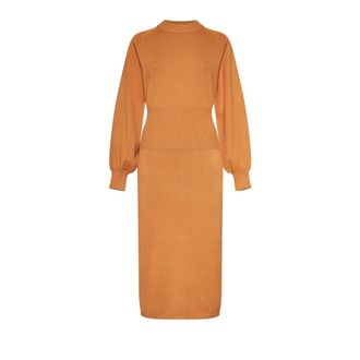 Silvian Heach Midi Jurk met Ballonmouwen - Dames - Kleedjes - Bruin - M - Polyester - Kleedjes