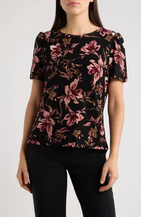 Anne Klein Puff-Shoulder Round-Neck Top in Anne Black S Primrose Mlt at Nordstrom, Size X-Large