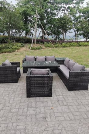 Fimous 8 Seater PE Rattan Corner Sofa Set Rising Adjustable Dining Table Set High Side Coffee Table in Dark Grey