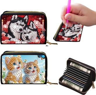 Generic 2Pcs Crdit card Holder Diamond Art Painting PU Wallet ID crd Case Zipper Animal Pattern Fashion DIY Diamond Painting Art Kit Compact Cin Purse Credit 