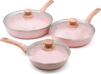 Bisetti Set of 6 pieces, pan ø 20, 24, 28 cm. with Stonerose lids, natural rose wood design handles