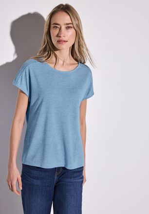 Street One T-Shirt STREET ONE, Damen, Gr. 42, serenity blau, Jersey, Obermaterial: 80% Polyester, 20% Viskose, unifarben, h&uuml;ftbedeckend, U-Boot-Ausschnitt, Shirt