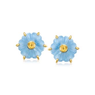 Ross-Simons Carved Blue Chalcedony and. Citrine Flower Earrings in 18kt Gold Over Sterling
