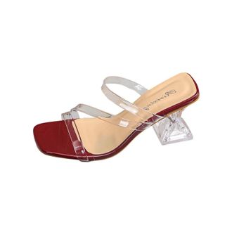 Generic Wine Female High Heel Sandals Featuring Transparent Strap and Crystal Heel Detail, Chunky Heel Strappy Footwear for Various Occasions