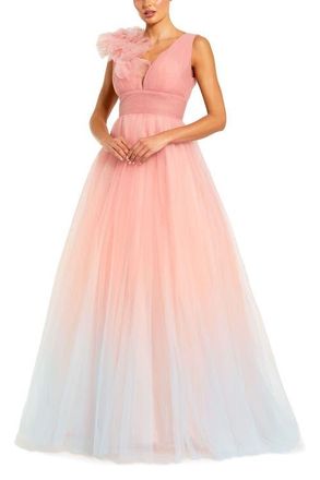 Mac Duggal Ruffle Shoulder V Neck Ombre Tulle Ballgown in Pink Multi at Nordstrom, Size 12