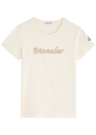 Moncler Logo-embroidered Beaded Cotton T-shirt - Natural - XS (UK 8 / XS)