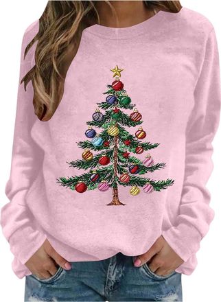 Generic Christmas Ugly Jumpers Women Christmas Tree Printed Jumper Novelty Fleece Long Sleeve Sweatshirt Oversized Pullover Tops Xmas Graphic Funny Sweater Wi