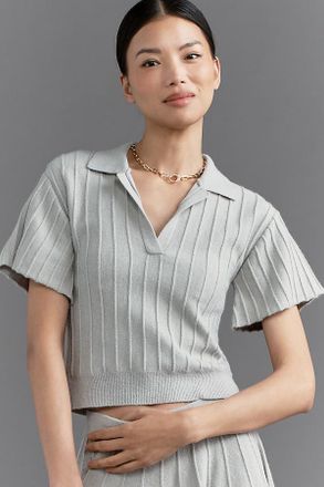 Maeve Short-Sleeve Collared V-Neck Ribbed Sweater