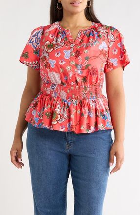 Sugarlips Amania Floral Sarina Smocked Top in Coral-Blue at Nordstrom, Size 3X