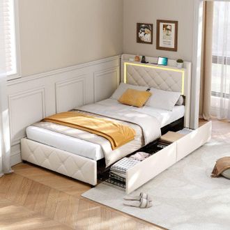 OEM Cama Adulta 90x200 Cm, Cama Con Arc&oacute;n De Terciopelo Beige, Led Rgb Y Puertos Usb Ue, Almacenamiento Multidimensional, Dise&ntilde;o De Lujo E Inteligente