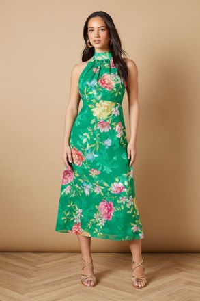 Oasis Womens Floral Satin Burnout Halterneck Midi Dress - Green - Size 10 UK