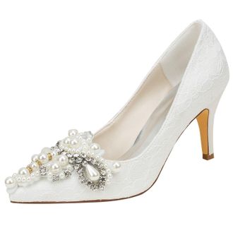 Emily Bridalwear Lace Wedding Shoes Ivory Pointed Toe Rhinestones Beaded High Heel Pumps (EU39/UK6, Ivory)