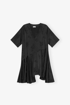 Ganni Black Floral Satin Jacquard Oversized Mini Dress - Size XXS/XS Acetate