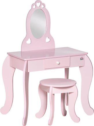 HOMCOM Homcom - Tocador Infantil De Madera Para Ni&ntilde;as De 3-6 A&ntilde;os Con Taburete Y Espejo Tipo Princesa Mesa De Maquillaje Para Ni&ntilde;as Con Caj&oacute;n 60x36x88 Cm