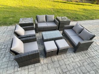 Fimous Garden Furniture Sets 9 Piece Outdoor Rattan Furniture Manual Wicker Patio Sofa Chair Set with Coffee Table in Dark Grey
