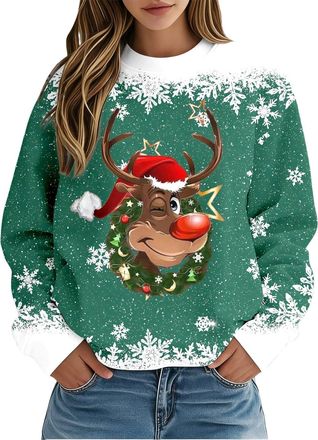 Generic Womens Christmas Jumpers Reindeer Printed Sweatshirt Top Womens Long Sleeve Crew Neck Pullover Sweatshirts Christmas Jumpers Ladies Loose Fit Plus Siz