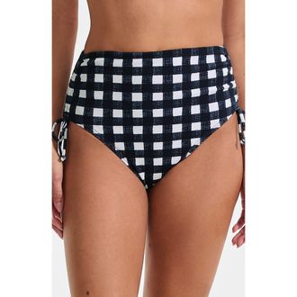 Lands End Chlorine Resistant Adjustable High Waisted Bikini Swim Bottoms in Navy Gingham Pique at Nordstrom, Size 16W