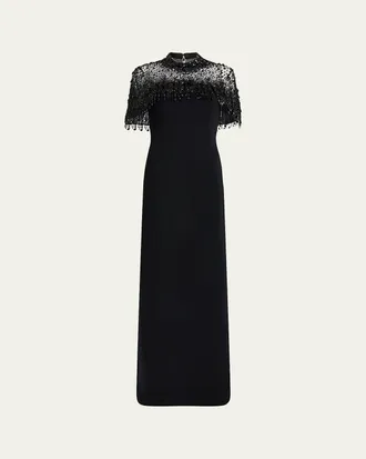 Jenny Packham Livia Crystal Fringe Capelet Column Gown