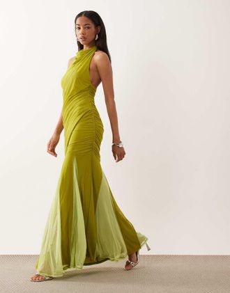 Asos Vestito lungo accollato allacciato al collo in rete color lime con godet a contrasto-Verde