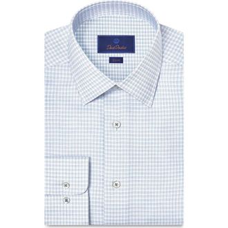 David Donahue Slim Fit Microcheck Stretch Cotton Twill Dress Shirt in White/Blue at Nordstrom, Size 15.5 - 32