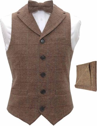 King & Priory Luxury Herringbone Brown Tweed Mens Waistcoat, Bow Tie & Pocket Square - M