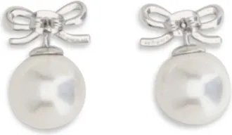Self Portrait Womens Crystal Bow Earrings With Pearl Silver Brass