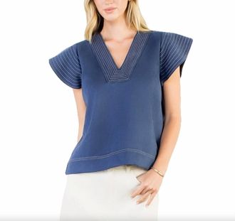 THML Clothing Flutter Sleeve V-Neck Top In Navy