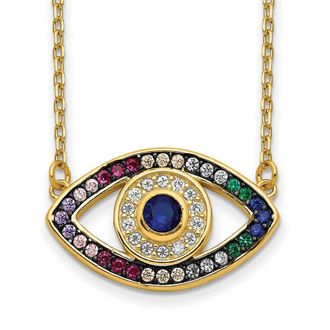 Diamond2Deal Sterling Silver 14K Gold-plated Colorful Cubic Zirconia Evil Eye Necklace 16 with 2 inch Ext