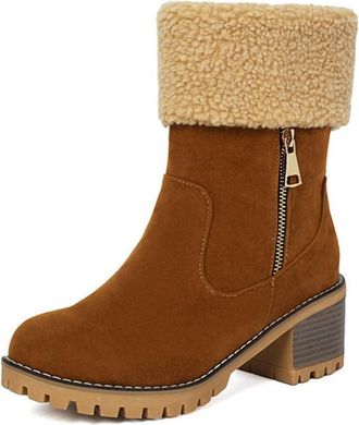 Generic Womens Winter Warm Snow Boots Round Toe Chunky Block Heel Side Zipper Casual Versatile Short Booties (Camel,7.5)