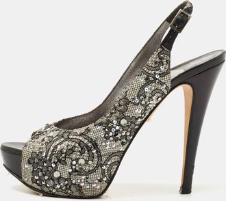 Gina Black Lace Crystal Embellished Peep Toe Slingback Platform Pumps