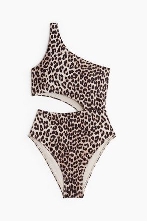 H&M Badeanzug mit wattierten Cups und High Leg - Hellbeige/Leopardenprint
