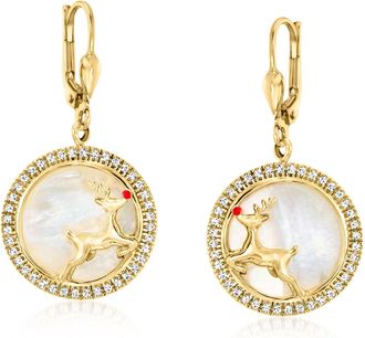 Ross-Simons Mother-Of-Pearl and. White Zircon Reindeer Drop Earrings With Red Enamel in 18kt Gold Over Sterling