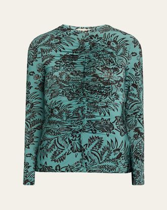 Ulla Johnson Asha Floral-Print Ruched Long-Sleeve T-Shirt