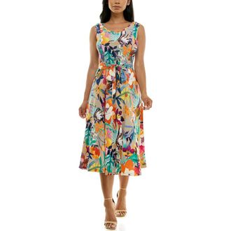 Nina Leonard Crewneck Sleeveless Midi Dress in Taupe Multi at Nordstrom Rack, Size Medium
