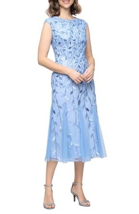 Alex Evenings Sequin Leaf Embroidery Cocktail Midi Dress in Hydrangea at Nordstrom, Size 12P