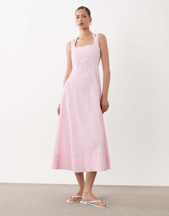 Asos Prendisole lungo rosa a quadretti con scollo squadrato e bustino aperto-Multi