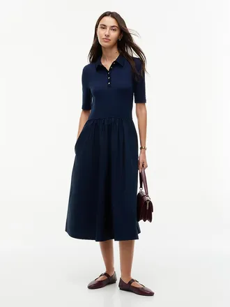 Tommy Hilfiger Womens Mixed Media Polo Midi Dress - Dark Blue - XL