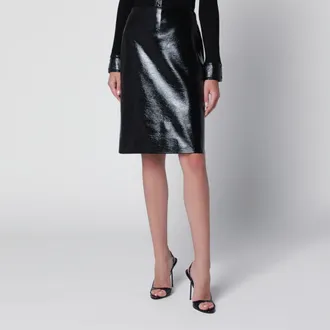 Courr&egrave;ges Knee-length lined vinyl skirt in black
